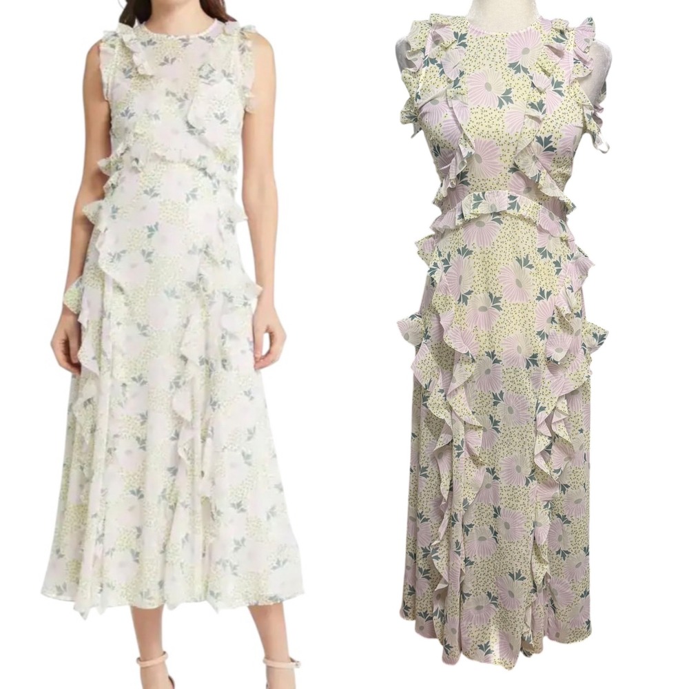 Ted Baker Maxi Dress Women Size 0 Pink Floral Ruffle Sleeveless Tiered Feminine